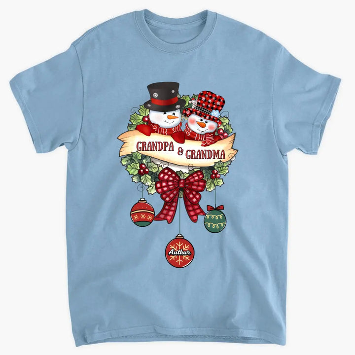 Snowman Grandma And Grandpa- Personalized Custom T-shirt - Christmas Gift For Grandma, Mom, Grandpa, Dad, Family Members