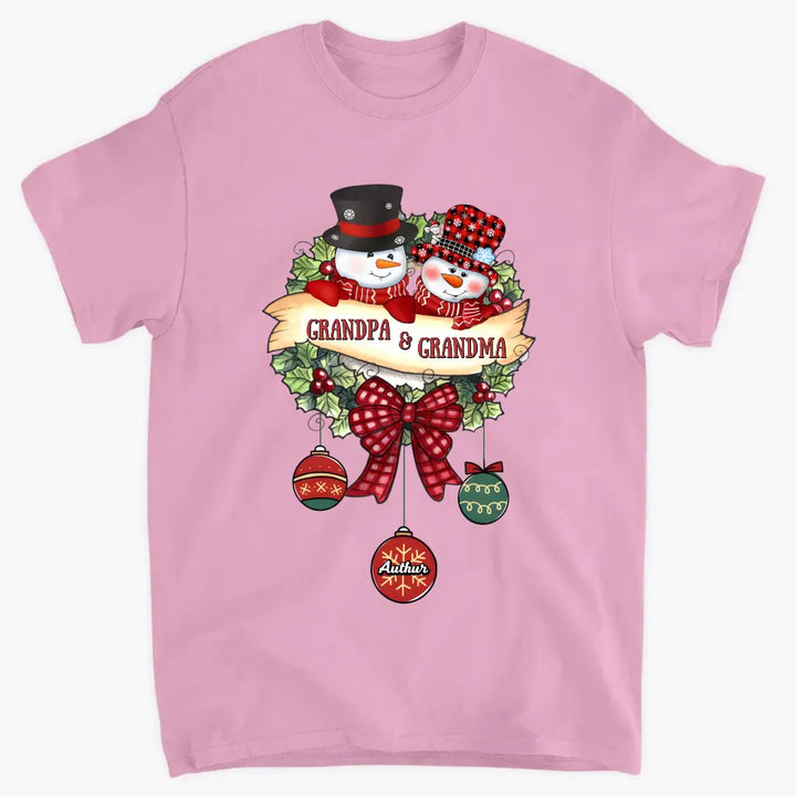 Snowman Grandma And Grandpa- Personalized Custom T-shirt - Christmas Gift For Grandma, Mom, Grandpa, Dad, Family Members