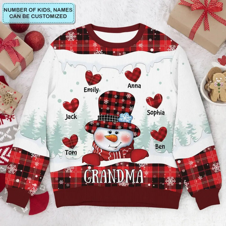 Grandma Snowman Heart - Personalized Custom Ugly Sweater - Christmas Gift For Grandma, Mom, Family Members