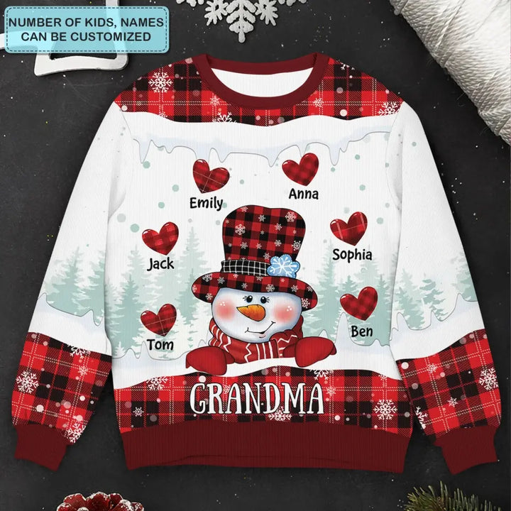 Grandma Snowman Heart - Personalized Custom Ugly Sweater - Christmas Gift For Grandma, Mom, Family Members