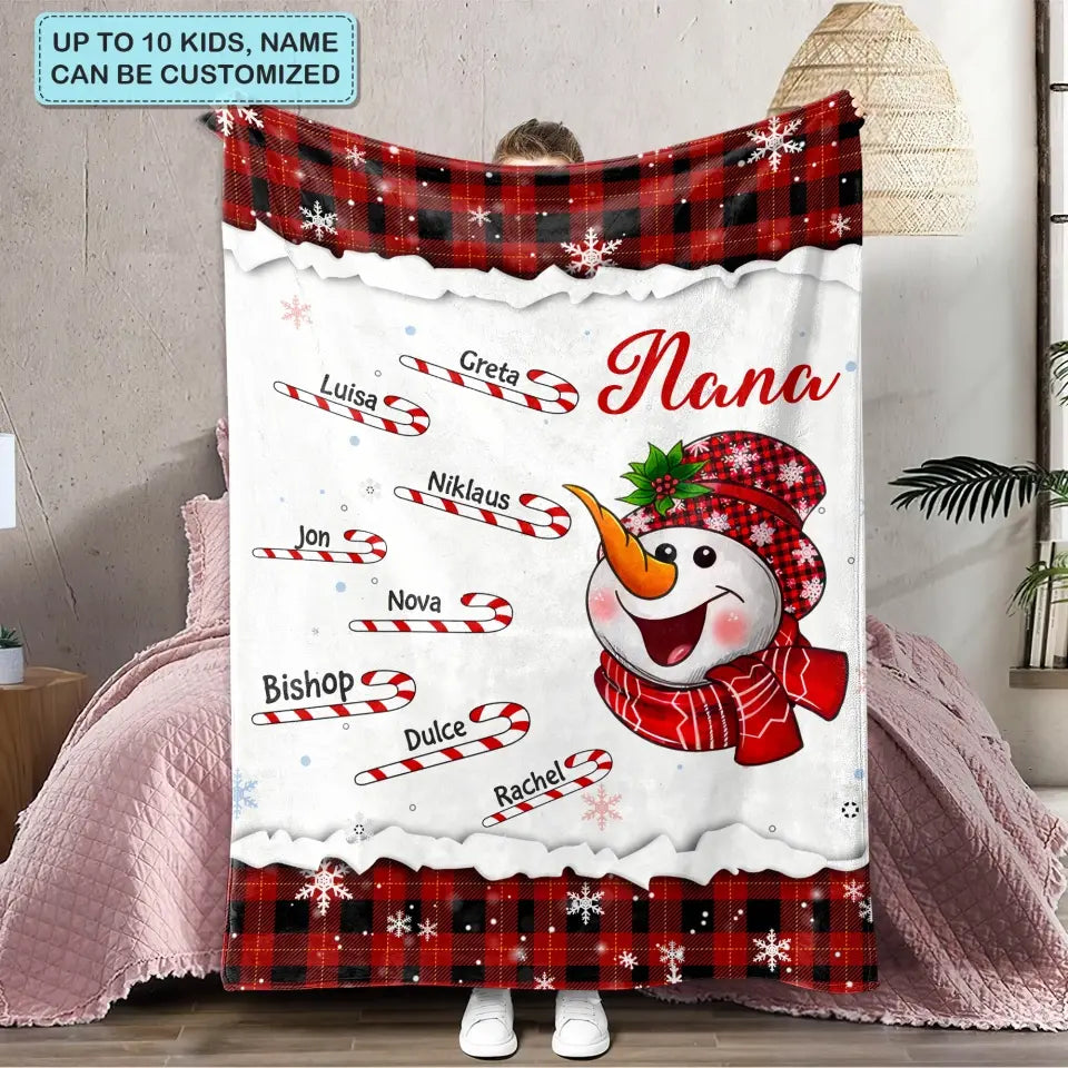 Cute Snowman Candy Cane Kids - Personalized Custom Blanket - Christmas, Mother's Day Gift For Grandma, Mom, Family Members