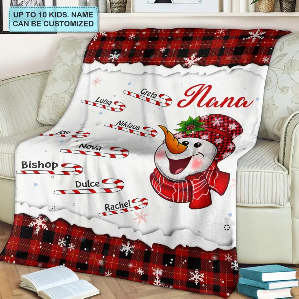Cute Snowman Candy Cane Kids - Personalized Custom Blanket - Christmas, Mother's Day Gift For Grandma, Mom, Family Members