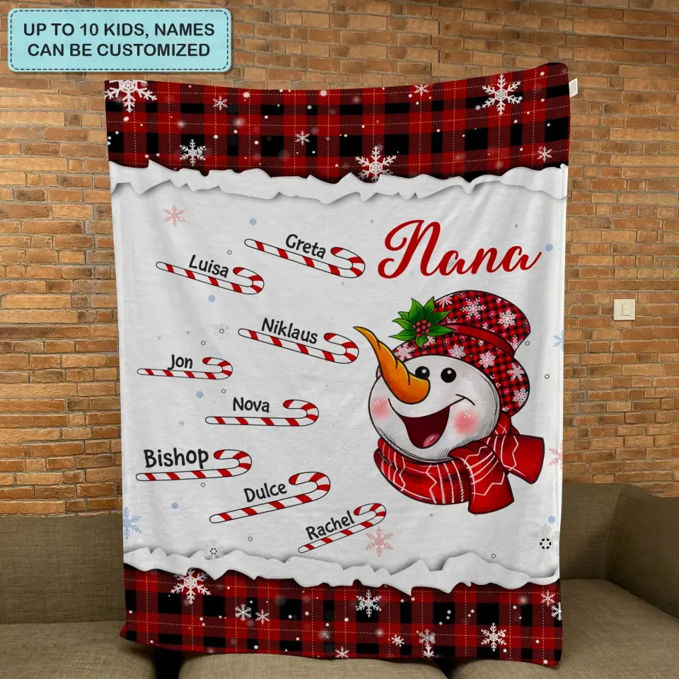 Cute Snowman Candy Cane Kids - Personalized Custom Blanket - Christmas, Mother's Day Gift For Grandma, Mom, Family Members