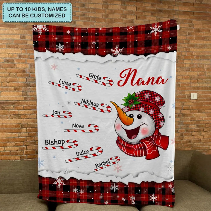 Cute Snowman Candy Cane Kids - Personalized Custom Blanket - Christmas, Mother's Day Gift For Grandma, Mom, Family Members