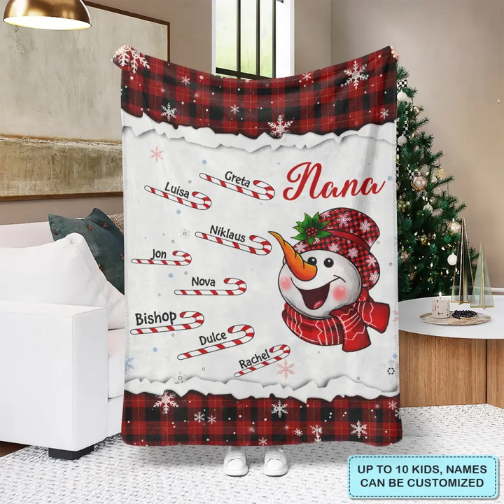 Cute Snowman Candy Cane Kids - Personalized Custom Blanket - Christmas, Mother's Day Gift For Grandma, Mom, Family Members