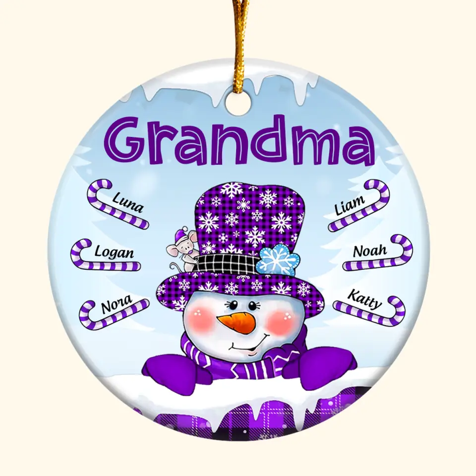 Snowman Candy Cane Kids - Personalized Custom Ceramic Ornament - Christmas, Mother's Day Gift For Grandma, Mom, Family Members