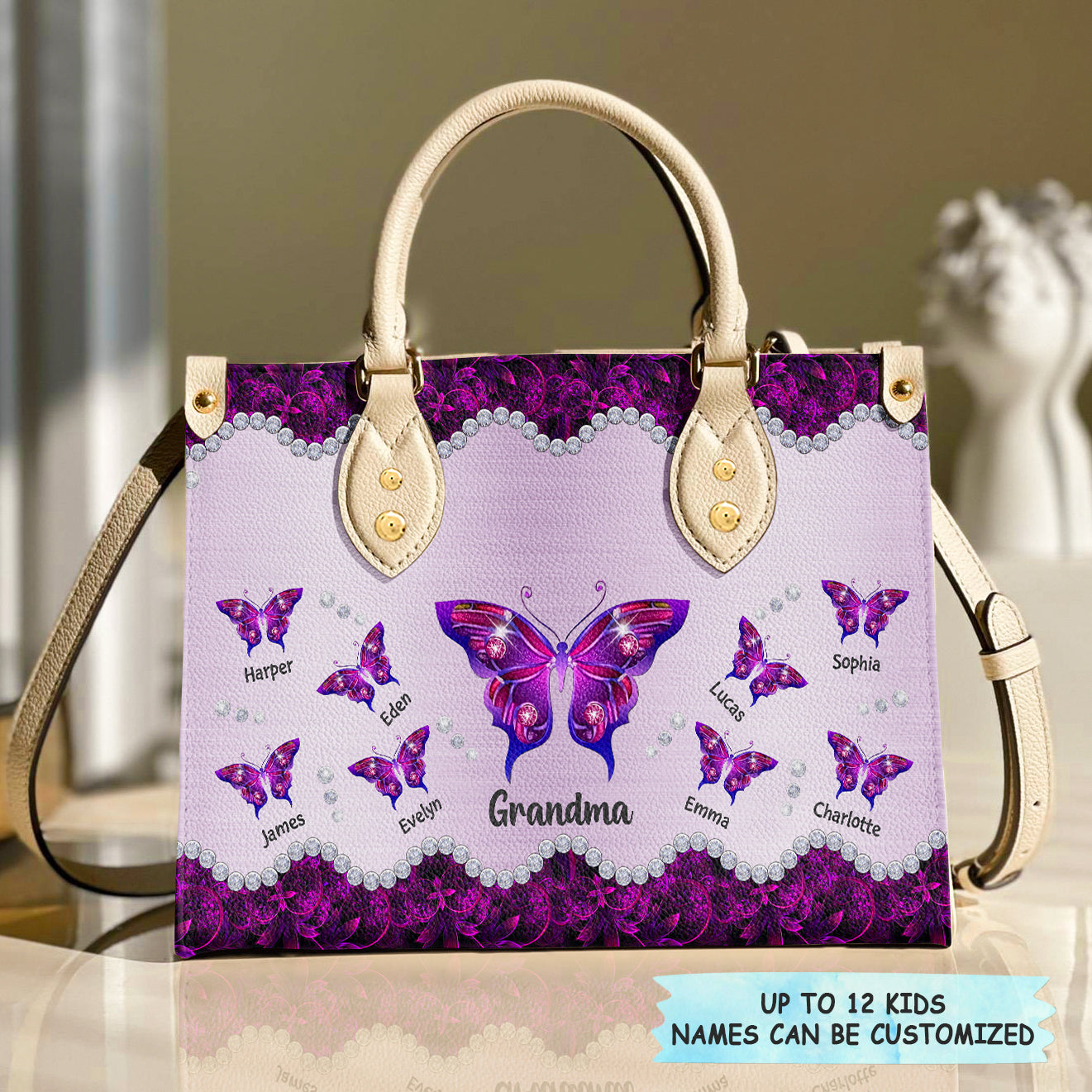 Personalized Leather Bag - Gift For Grandma - Grandma Purple Butterfly