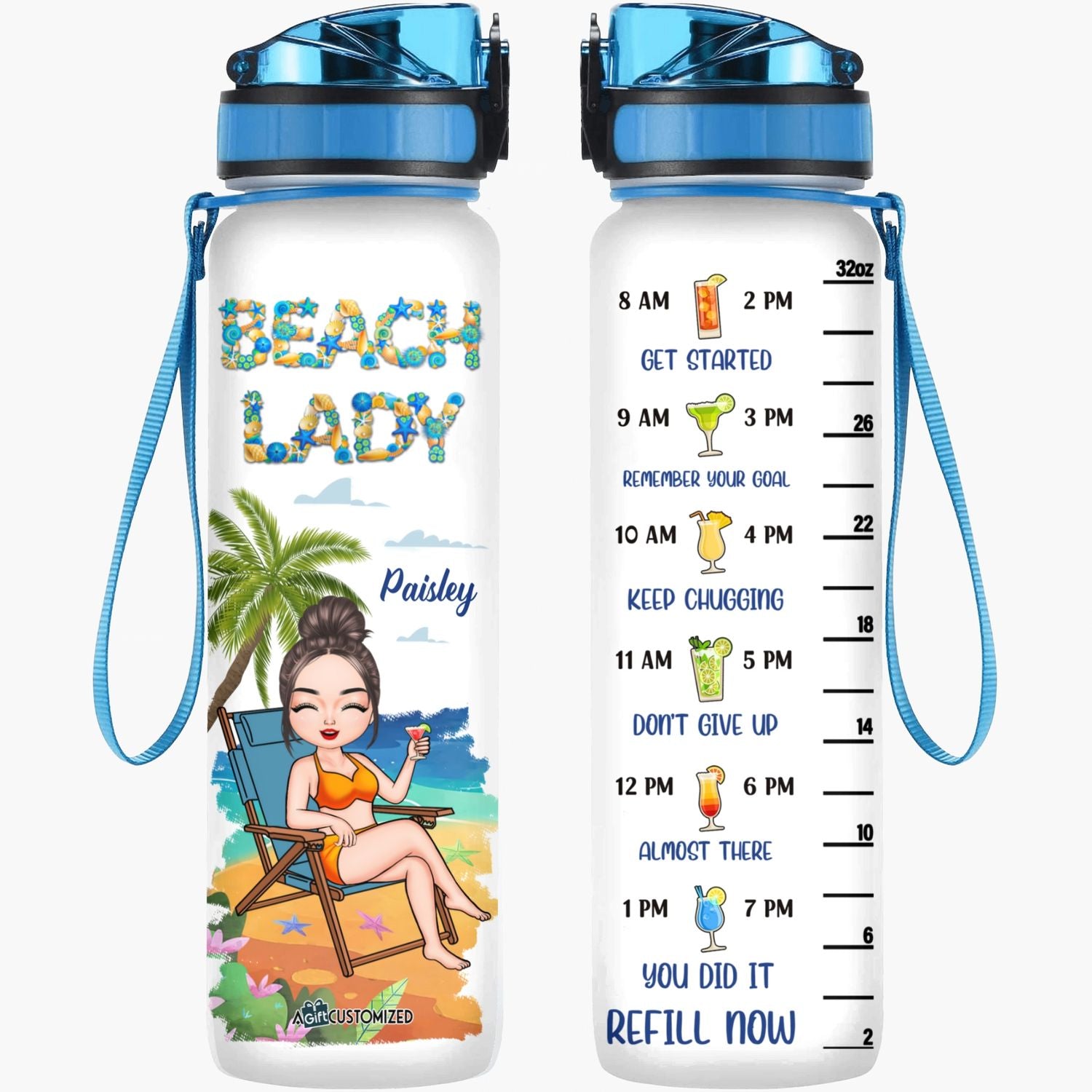 Personalized Water Tracker Bottle - Gift For Beach Lover - Beach Lady