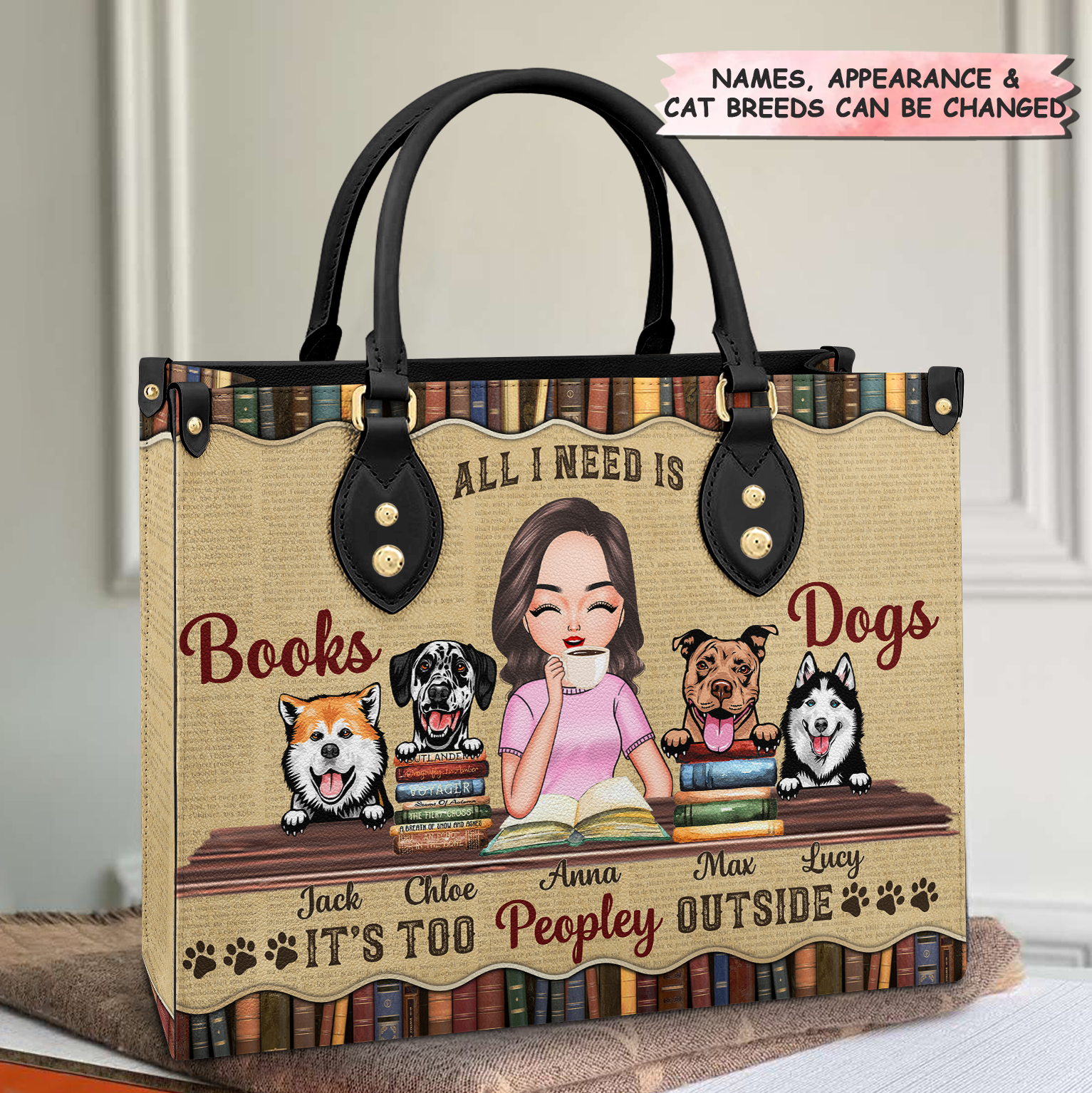 Personalized Leather Bag - Gift For Reading And Dog Lovers - All I Need Is Books And Dogs