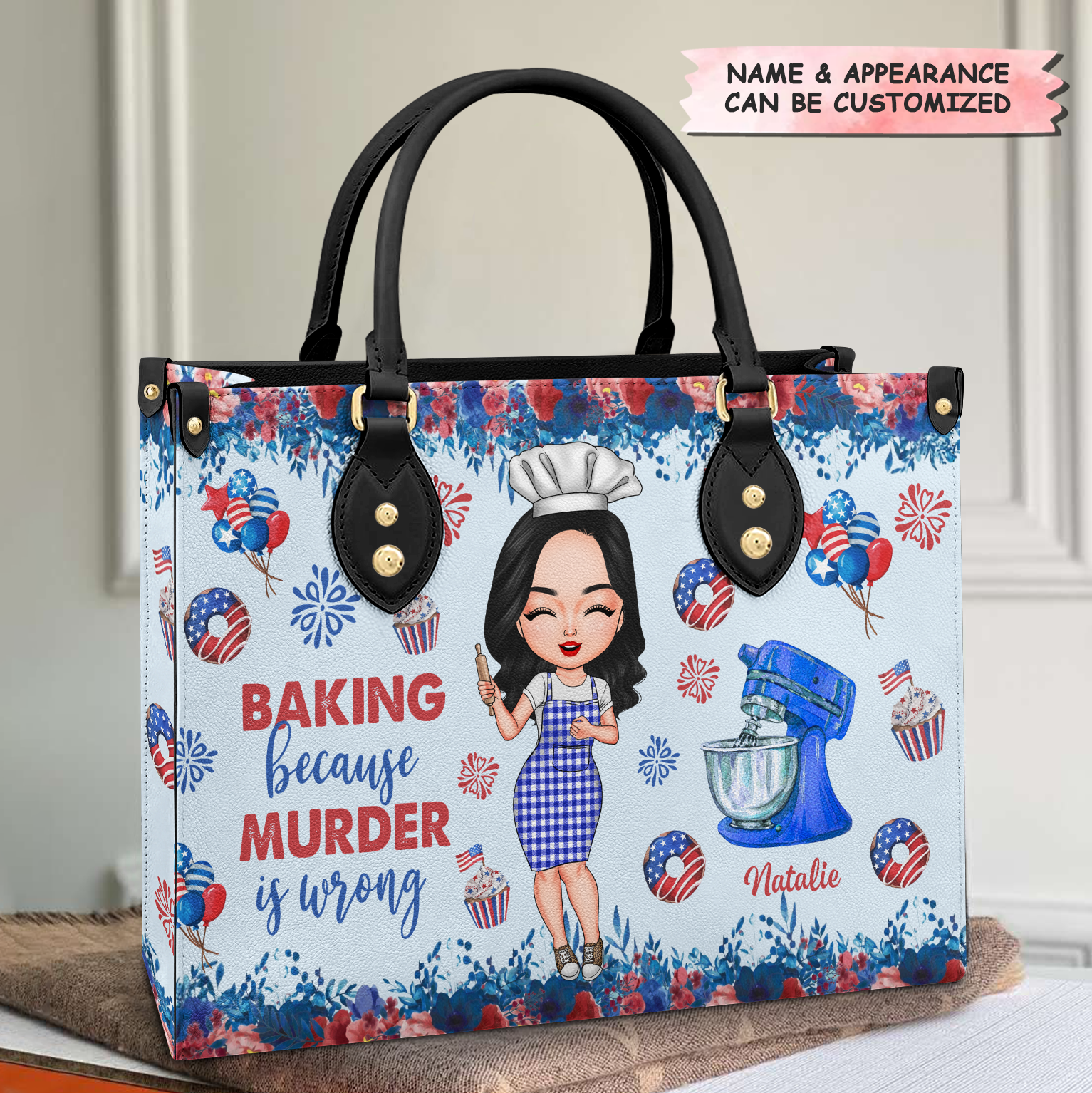 Personalized Leather Bag - Gift For Baking Lover - Baking Because Murder Is Wrong