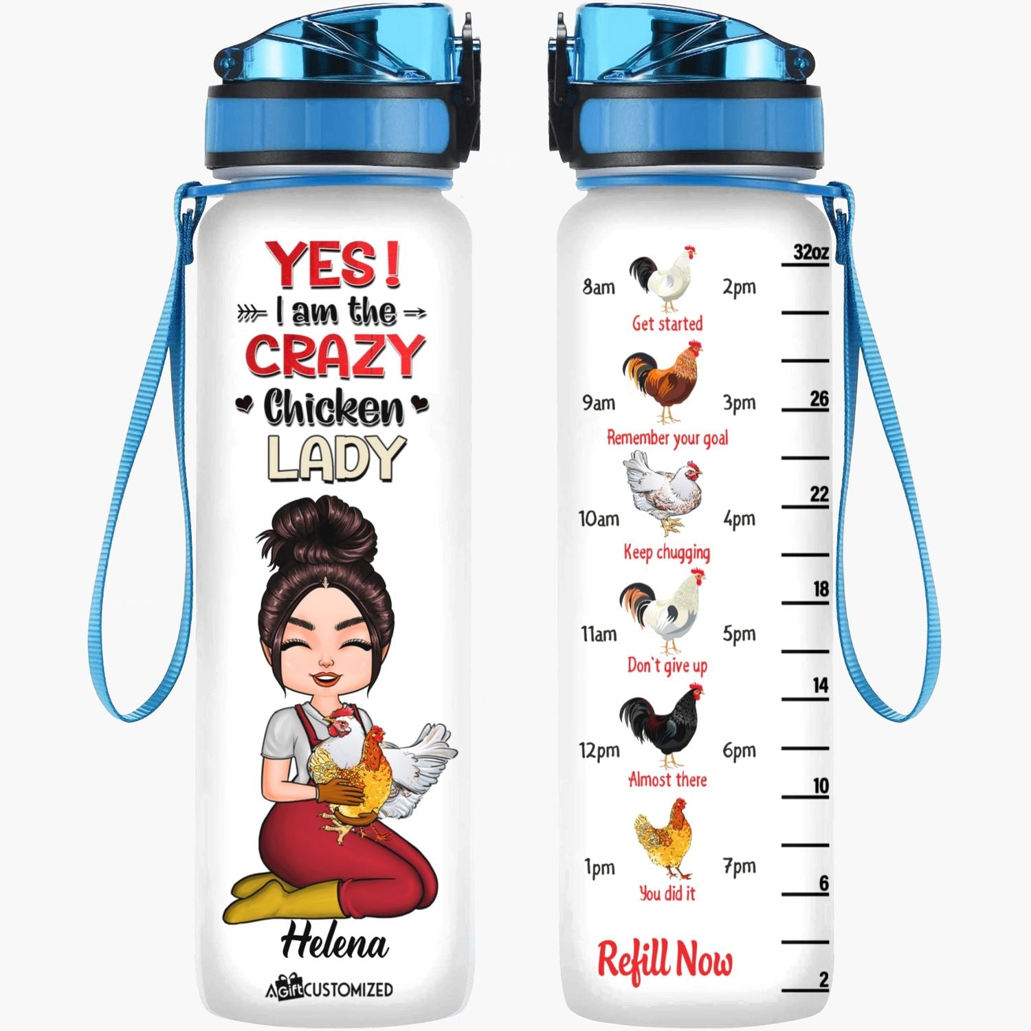 Personalized Water Tracker Bottle - Gift For Chicken Lover - Yes! I Am The Crazy Chicken Lady