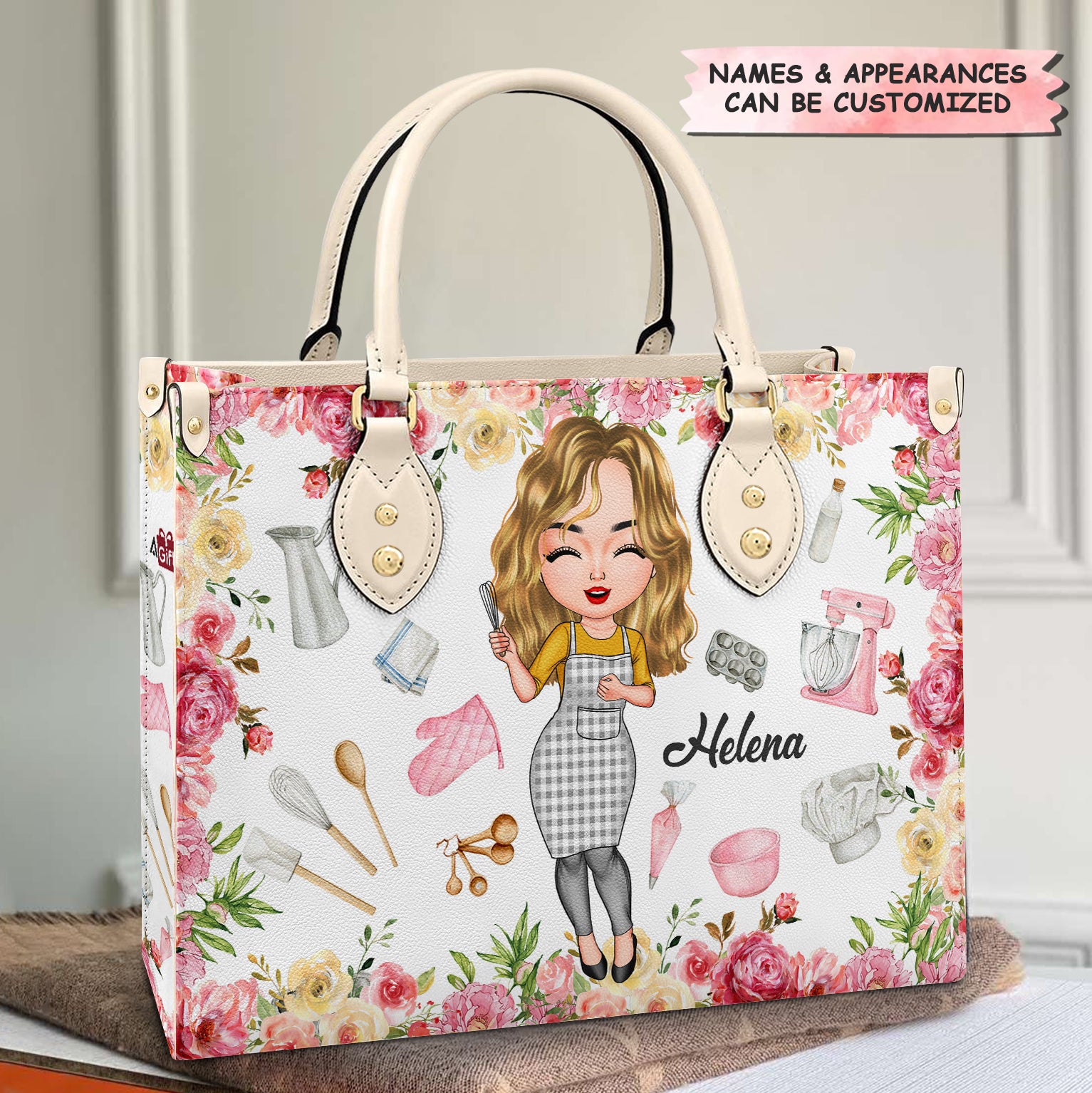Personalized Leather Bag - Gift For Baking Lover - Floral Baker