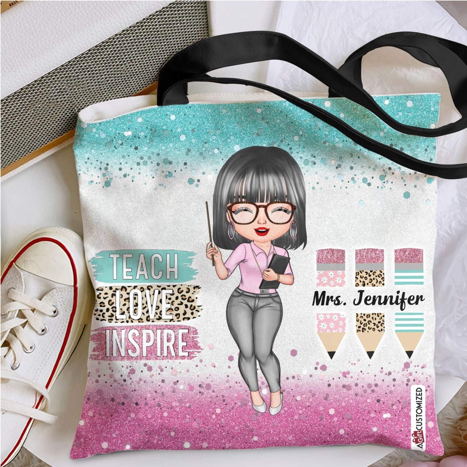 Personalized Tote Bag - Gift For Teacher - Teach Love Inspire Glitter