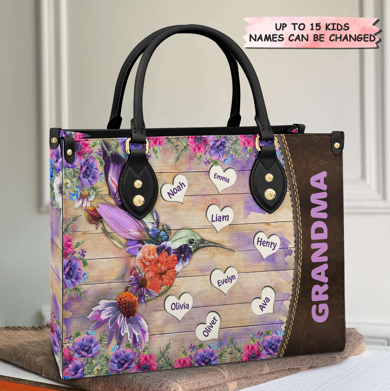 Personalized Leather Bag - Gift For Grandma & Mom - Blessed Hummingbird Grandma
