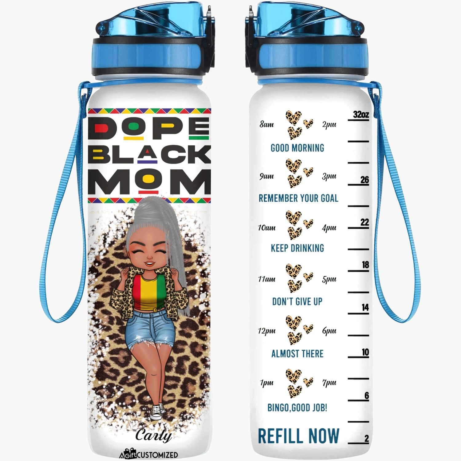 Personalized Water Tracker Bottle - Gift For Mom - Dope Black Mom