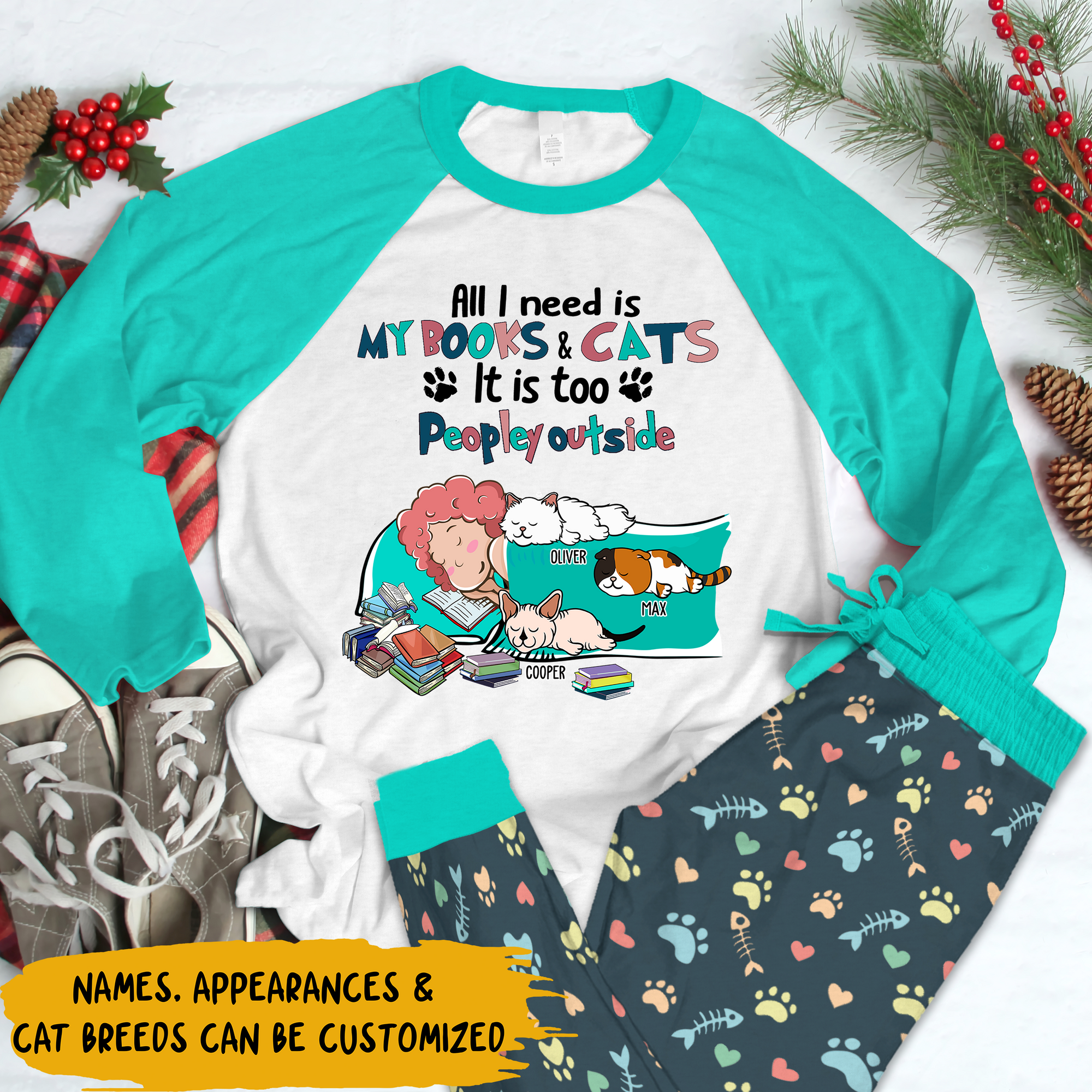Personalized Pajama Set - Gift For Reading & Cat Lovers - All I Need Is My Books & Cats