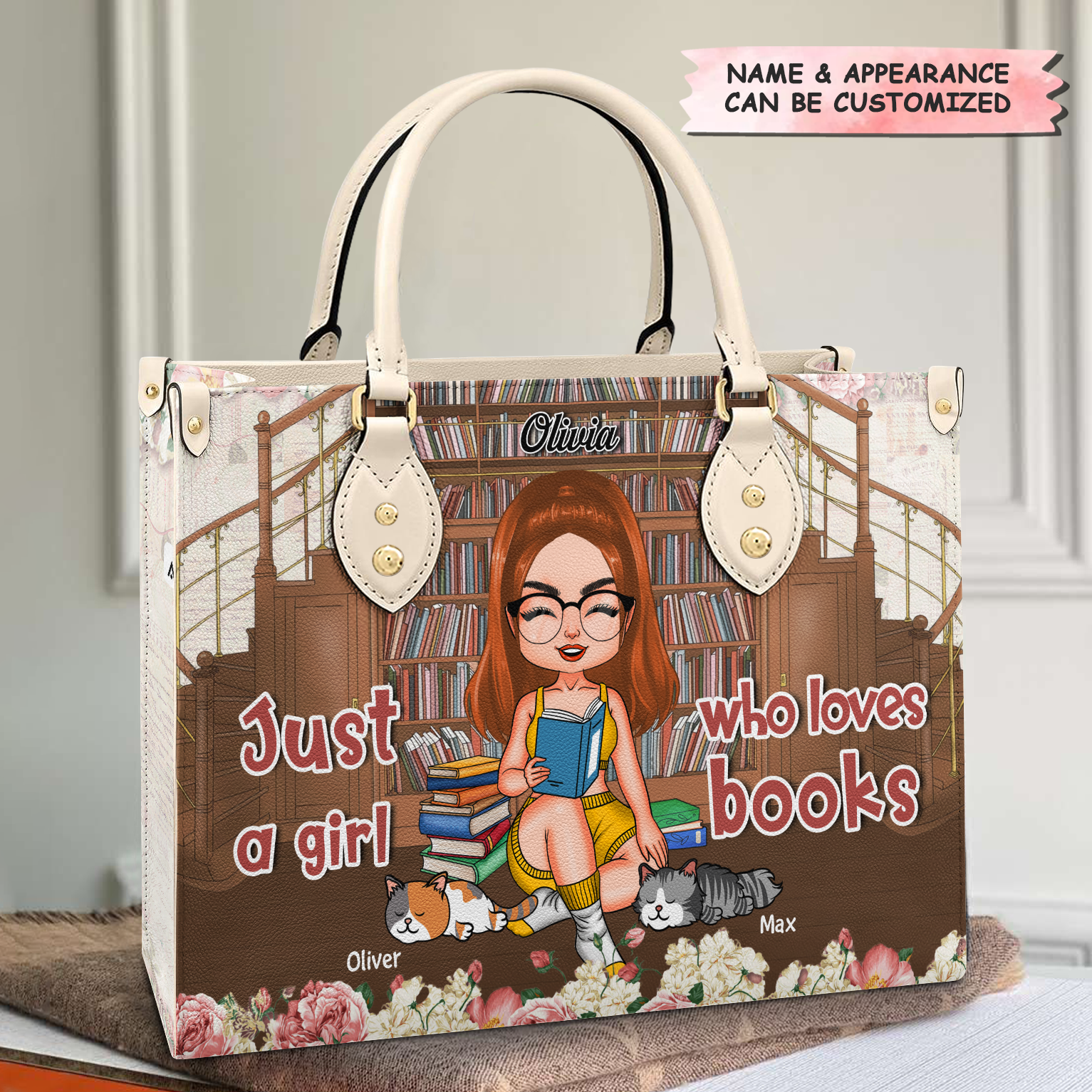 Personalized Leather Bag - Gift For Reading & Cat Lovers - Just A Girl Who Loves Books