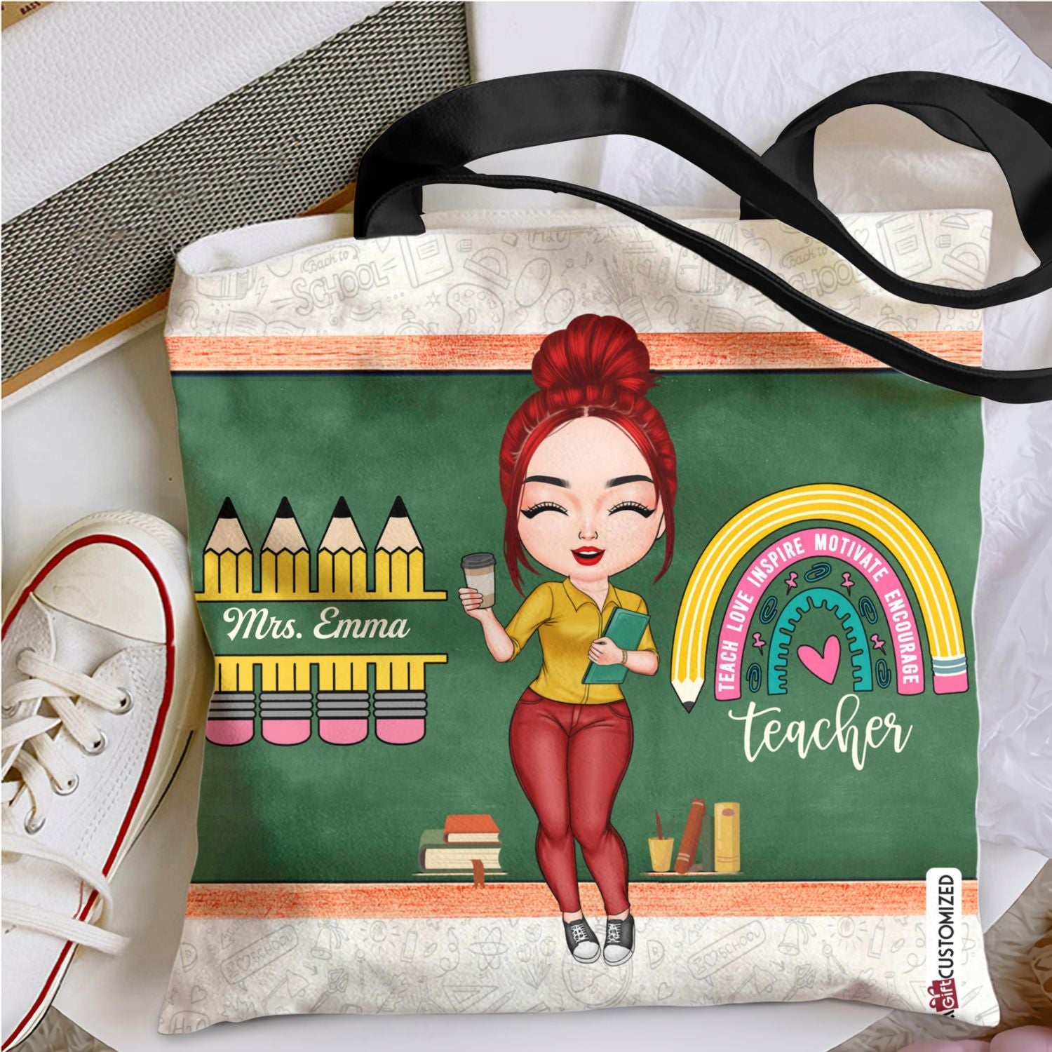 Personalized Tote Bag - Gift For Teachers - Teach Love Inspire Rainbow