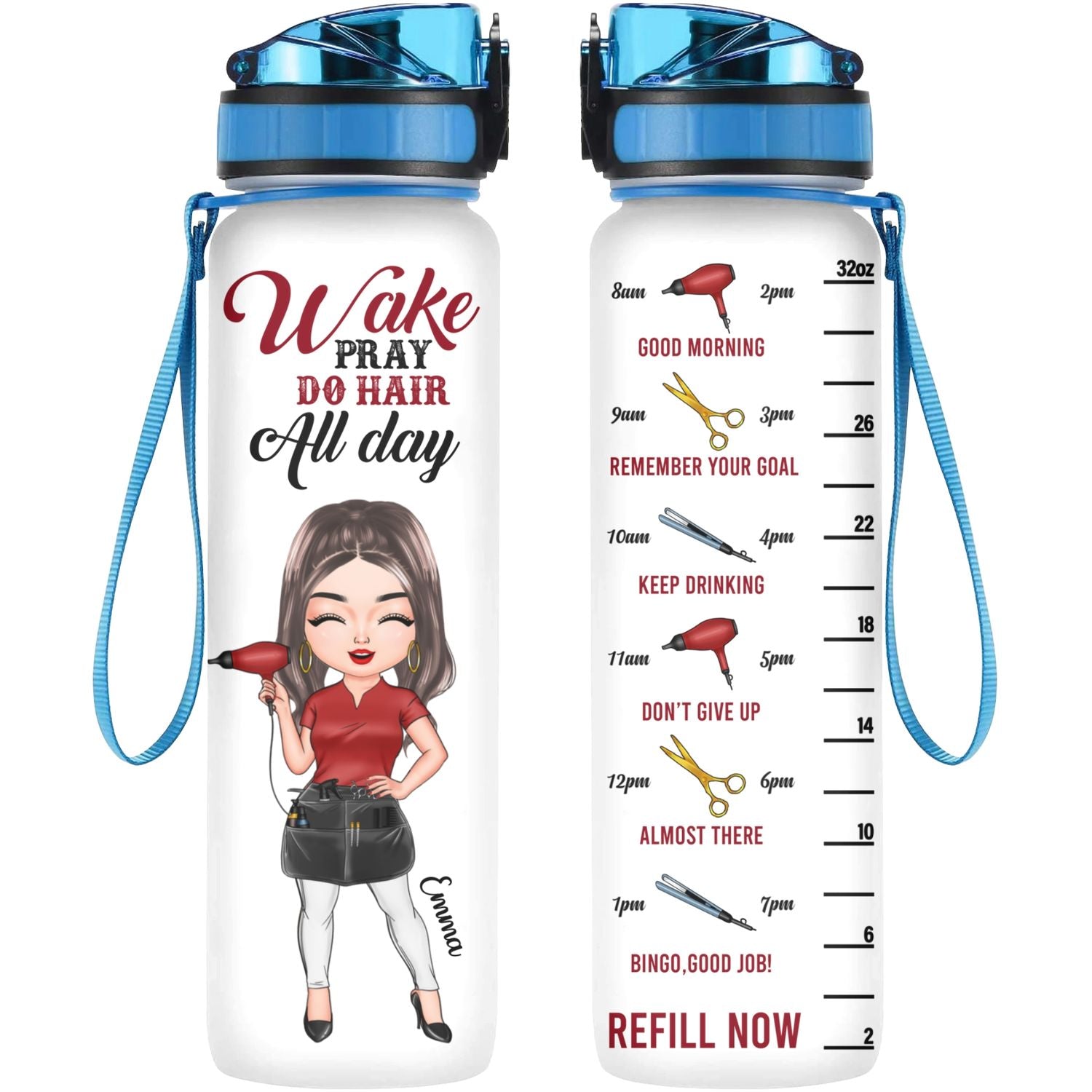 Personalized Water Tracker Bottle - Gift For Hairstylist - Wake Pray Do Hair All Day