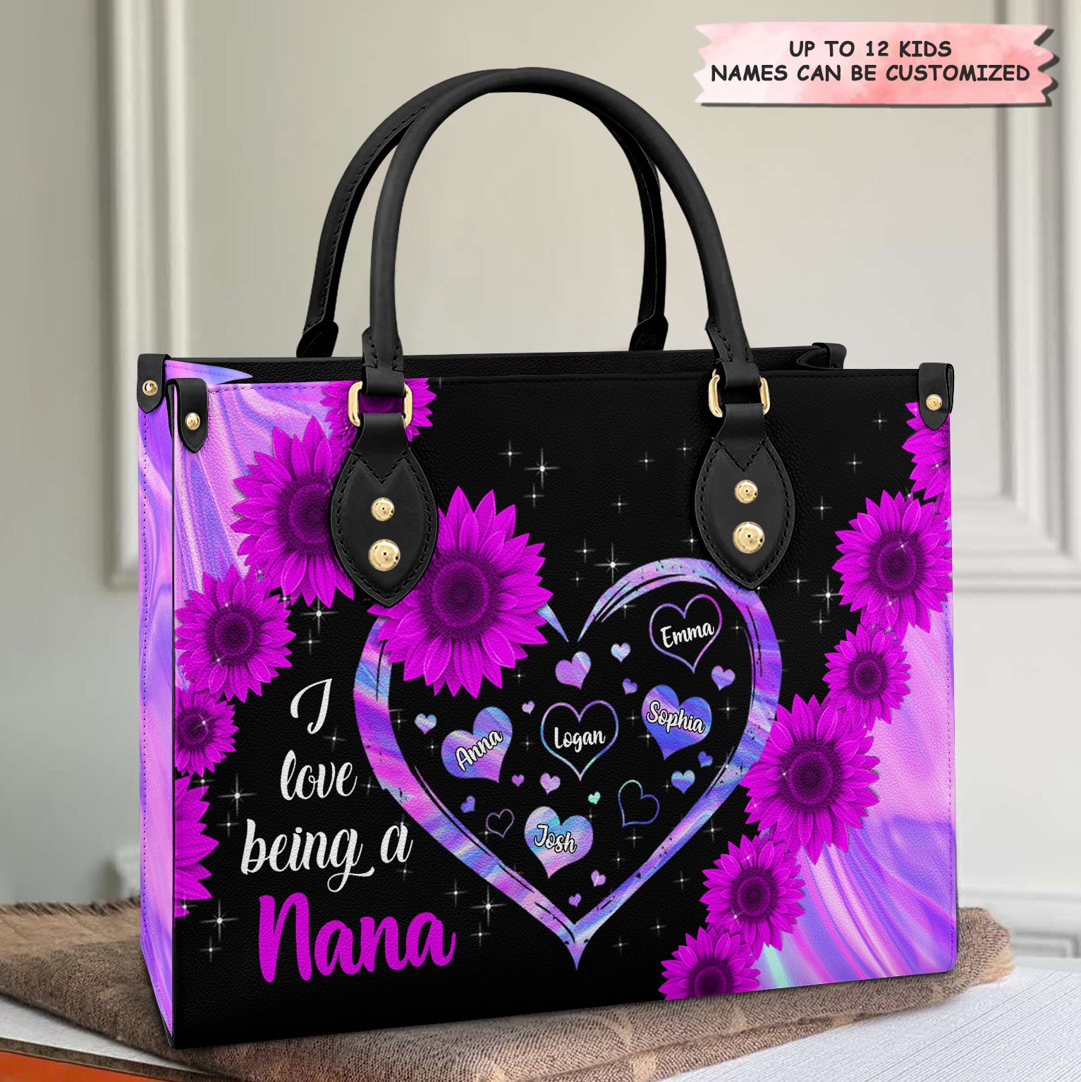 Personalized Leather Bag - Gift For Grandma - I Love Being A Nana Purple Sunflower