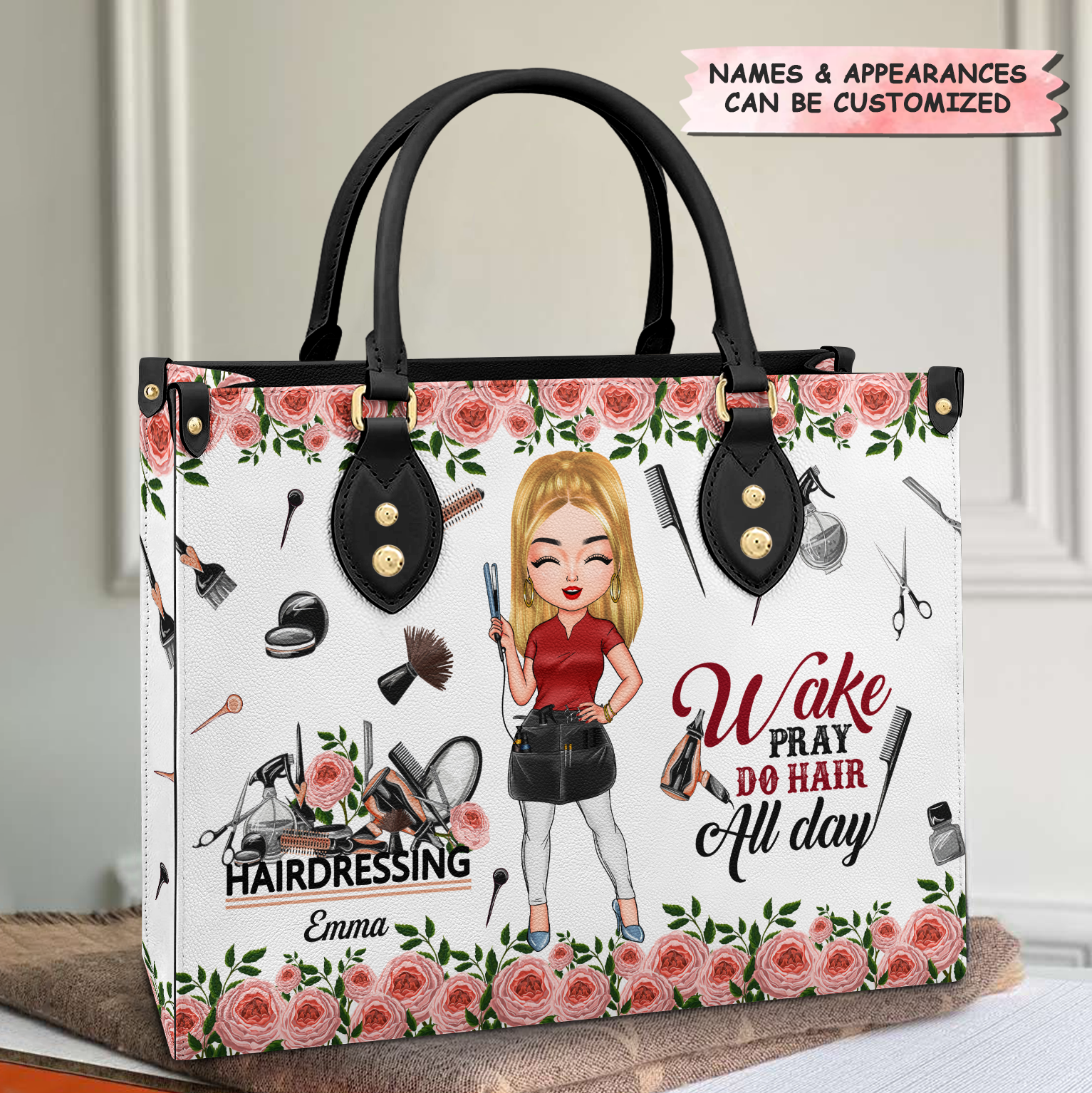 Personalized Leather Bag - Gift For Hairstylist - Wake Pray Do Hair All Day