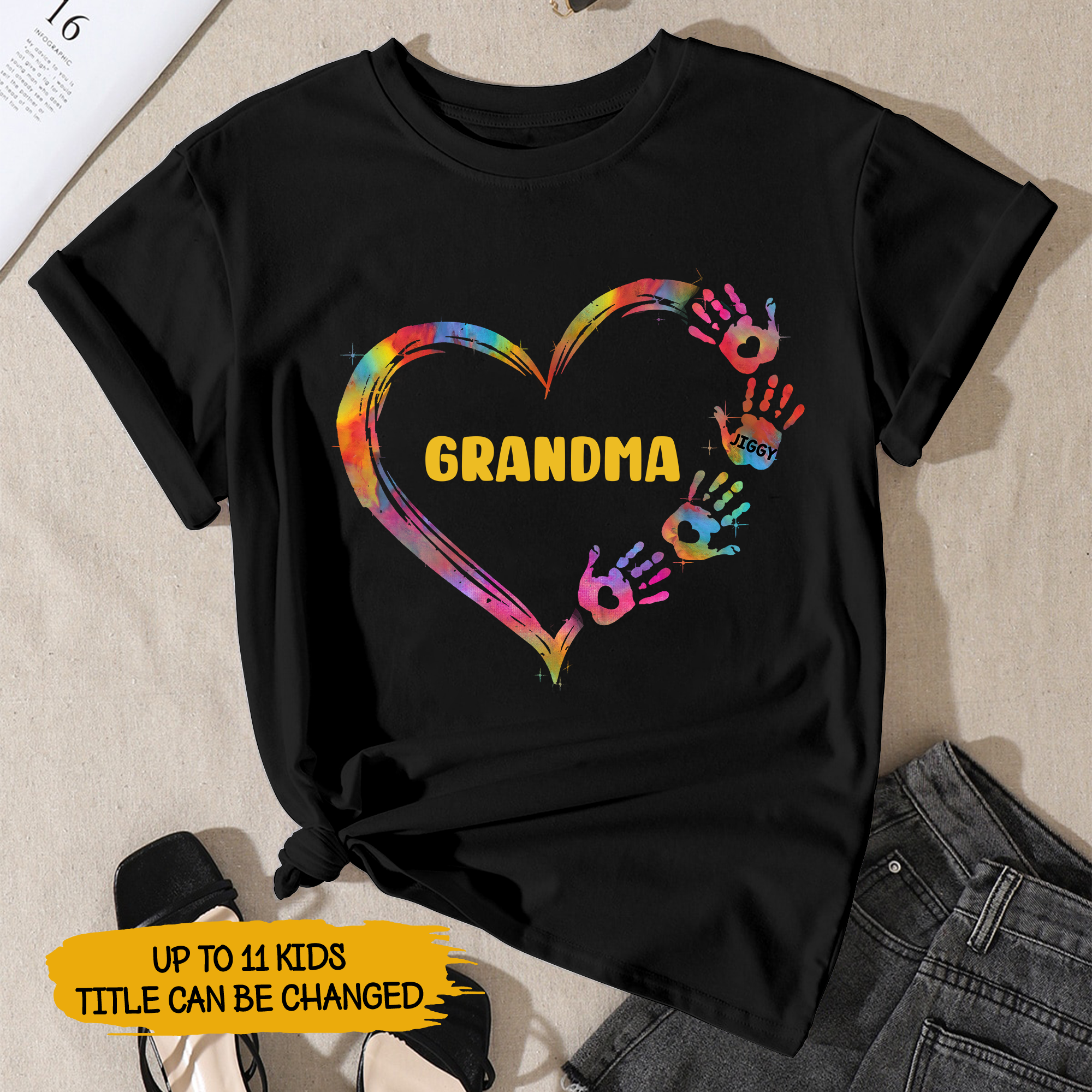 Personalized T-shirt - Gift For Grandma - Grandma Mom Colorful Hearted Hand