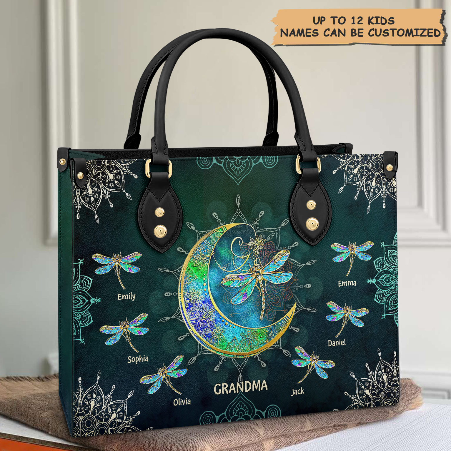 Personalized Leather Bag - Gift For Grandma - Grandma Dragonfly