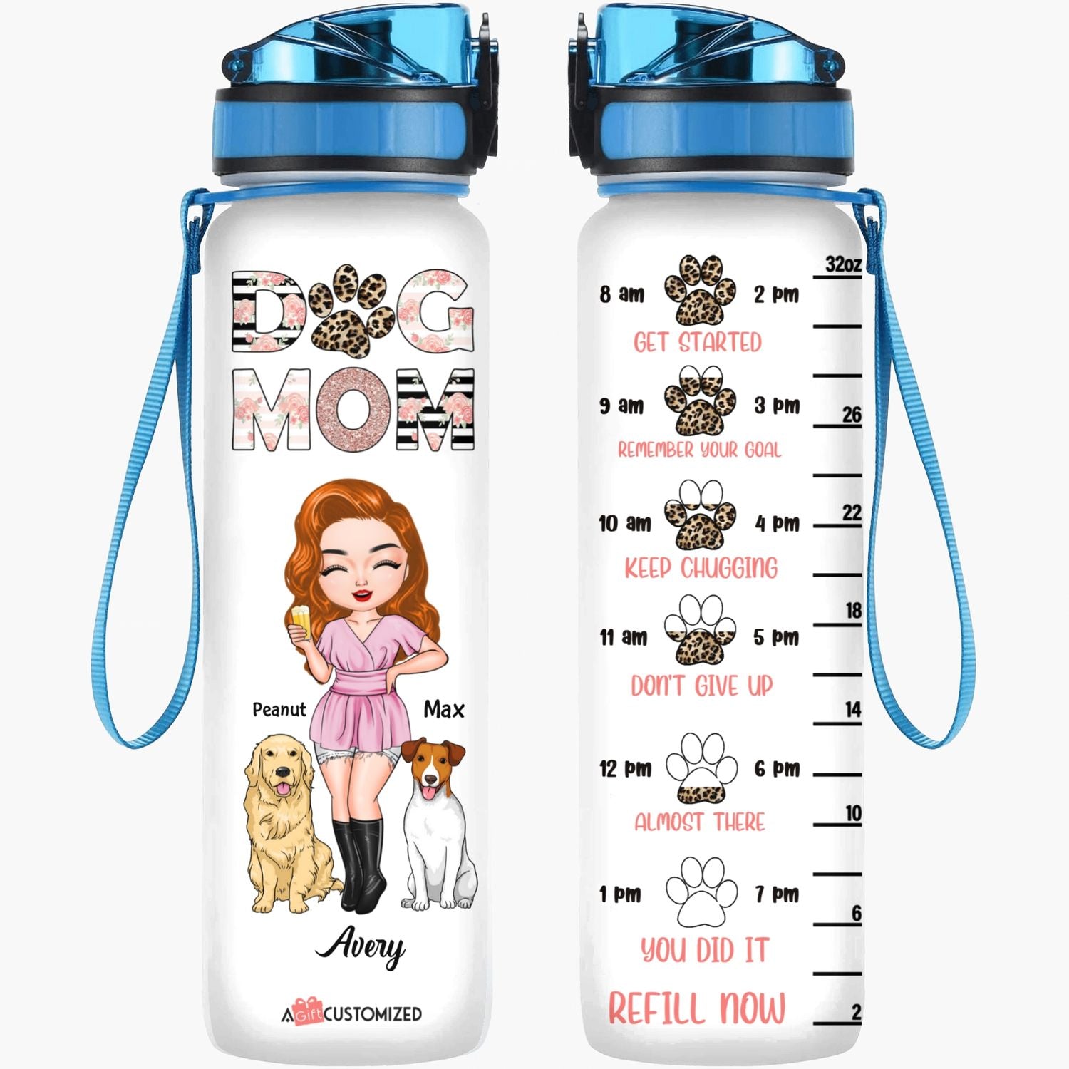 Personalized Water Tracker Bottle - Gift For Dog Lover - Floral Dog Mom
