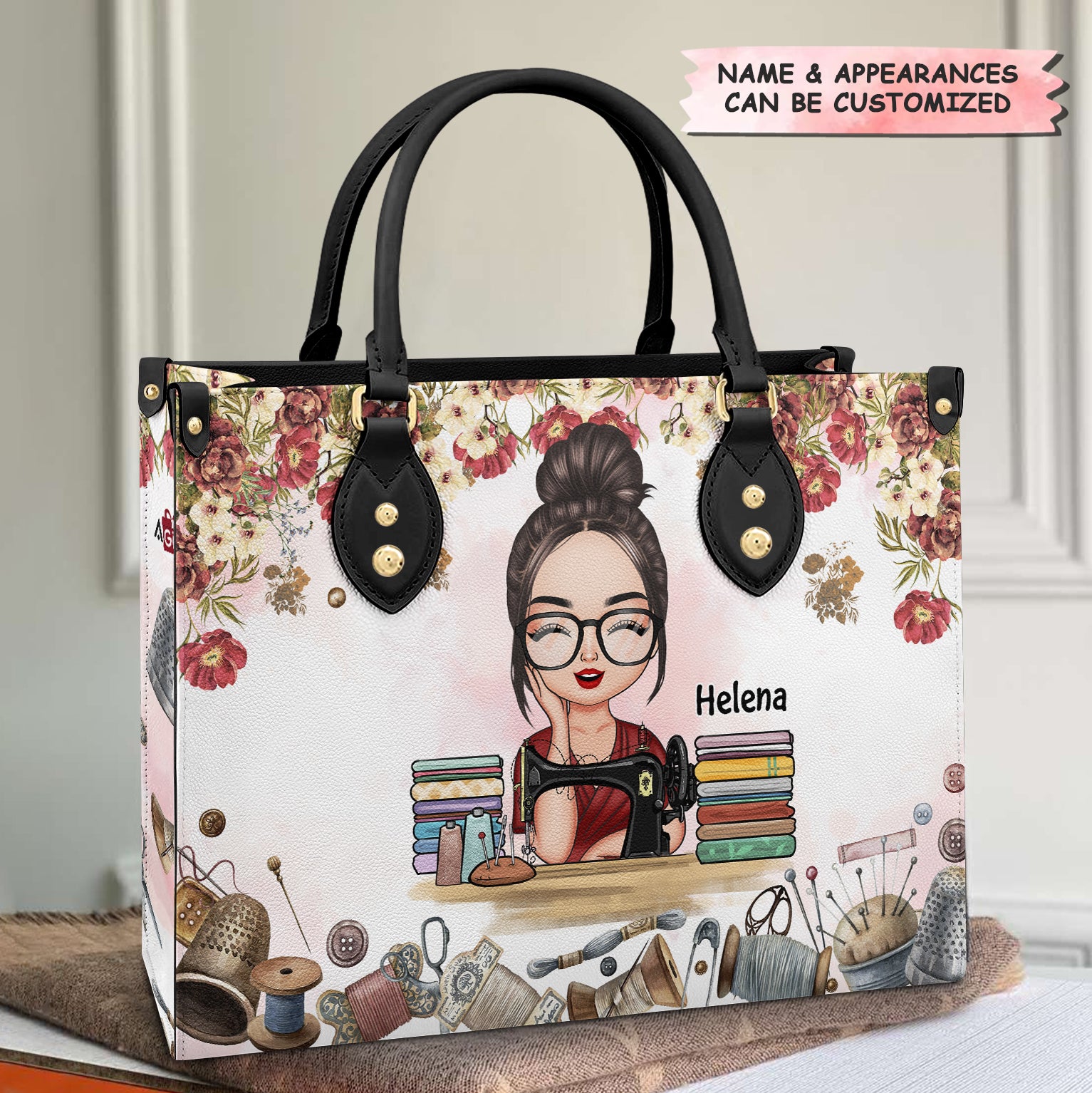 Personalized Leather Bag - Gift For Sewing Lover - Floral Sewing