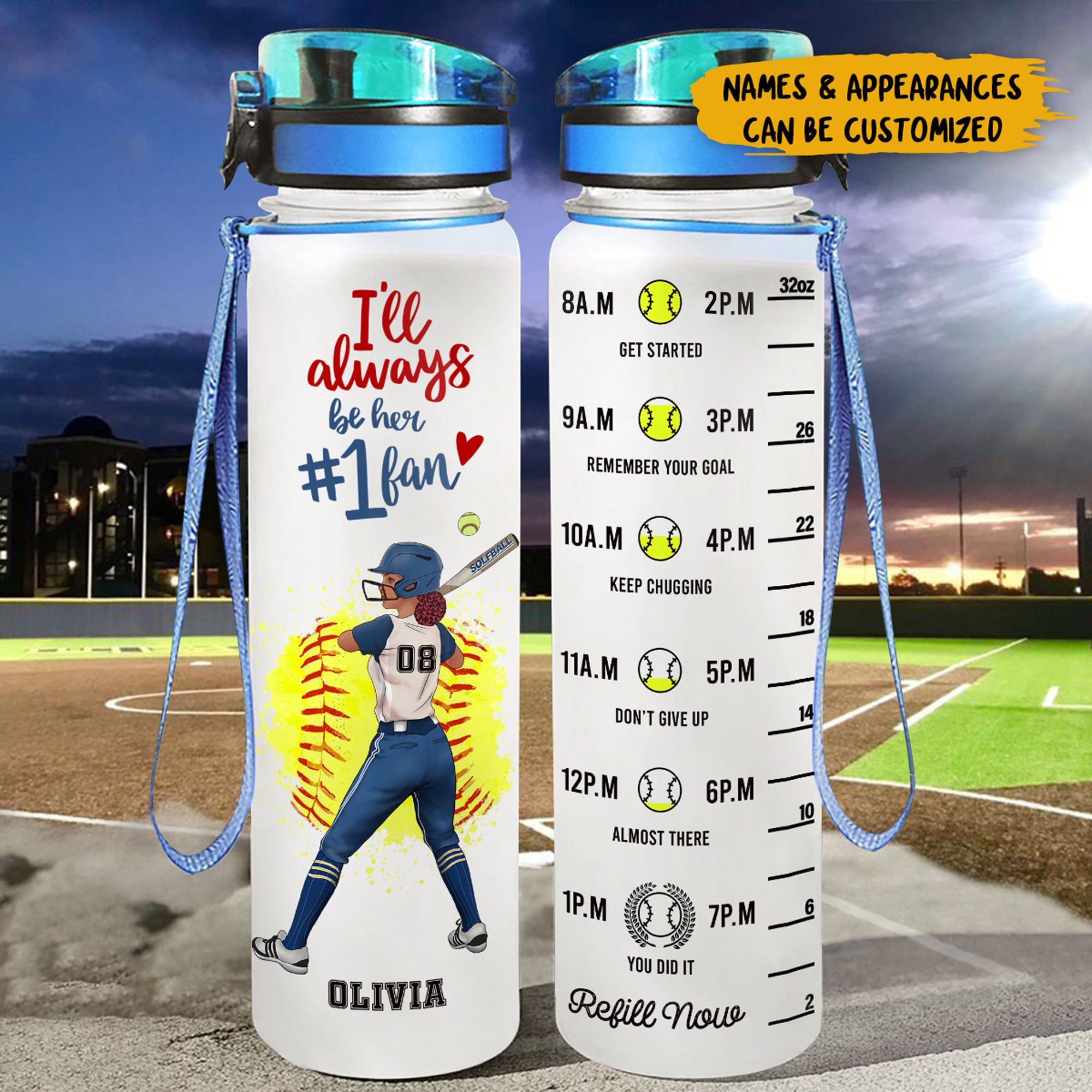 Personalized Water Tracker Bottle - Gift For Softball Lover - I'll Always Be Her #1 Fan