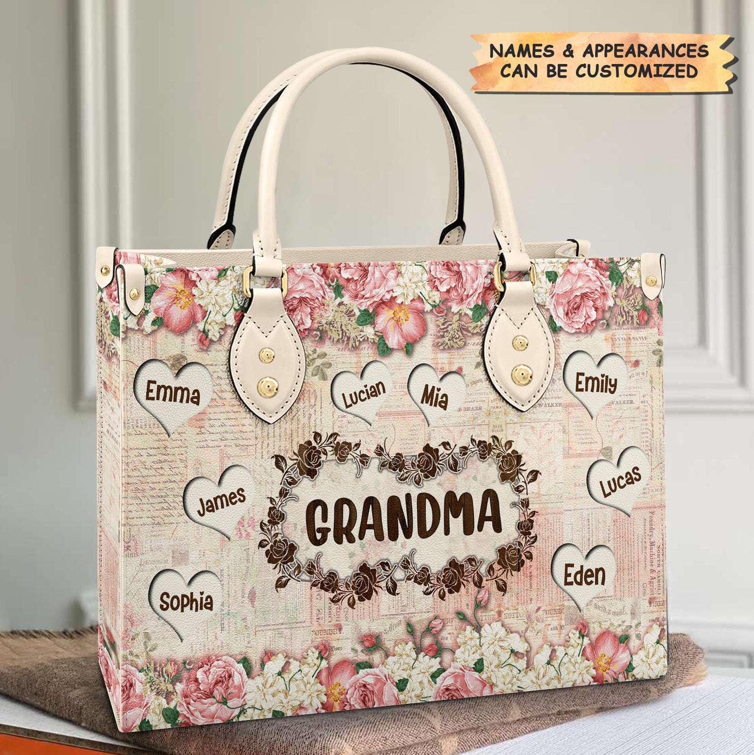 Personalized Leather Bag - Gift For Grandmas - Floral Blessed Grandma