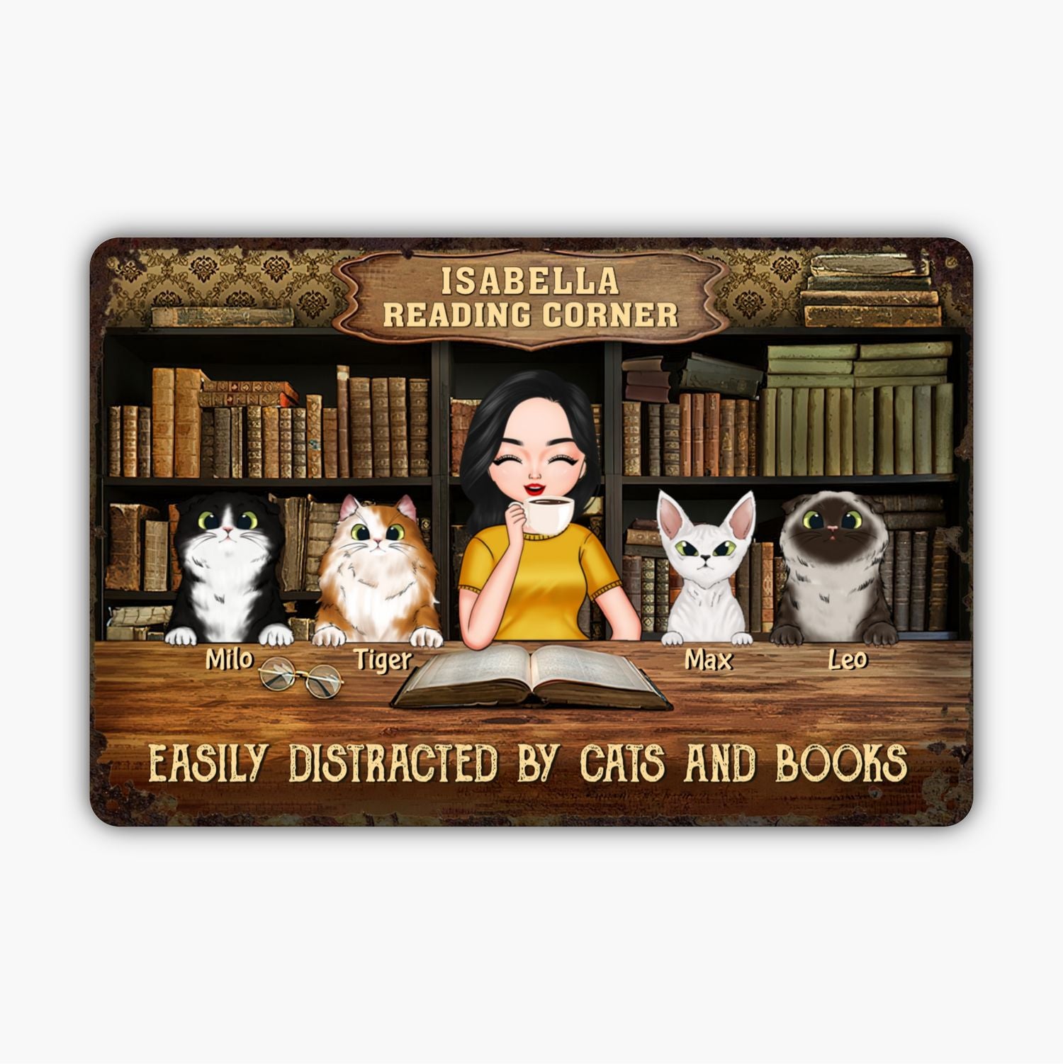 Custom Metal Sign - Gift For Reading Lovers - Reading Corner Easily Distracted By Cats And Books