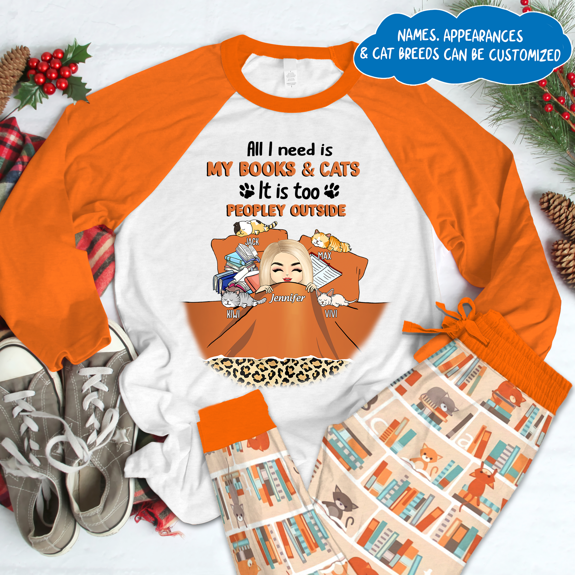 Personalized Pajama Set - Gift For Book & Cat Lovers - All I Want Is My Books & Cats