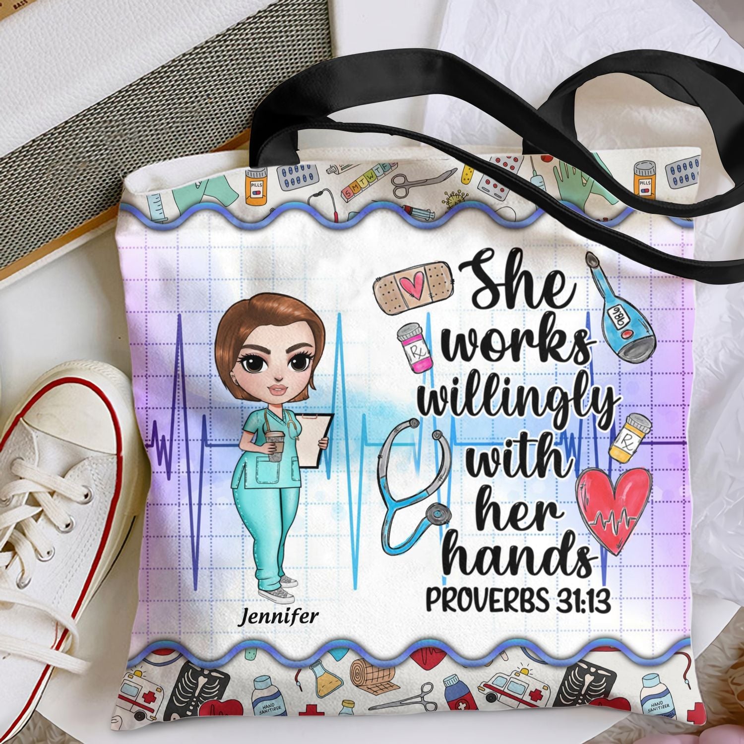 Personalized Tote Bag - Gift For Nurse - She Works Willingly With Her Hands