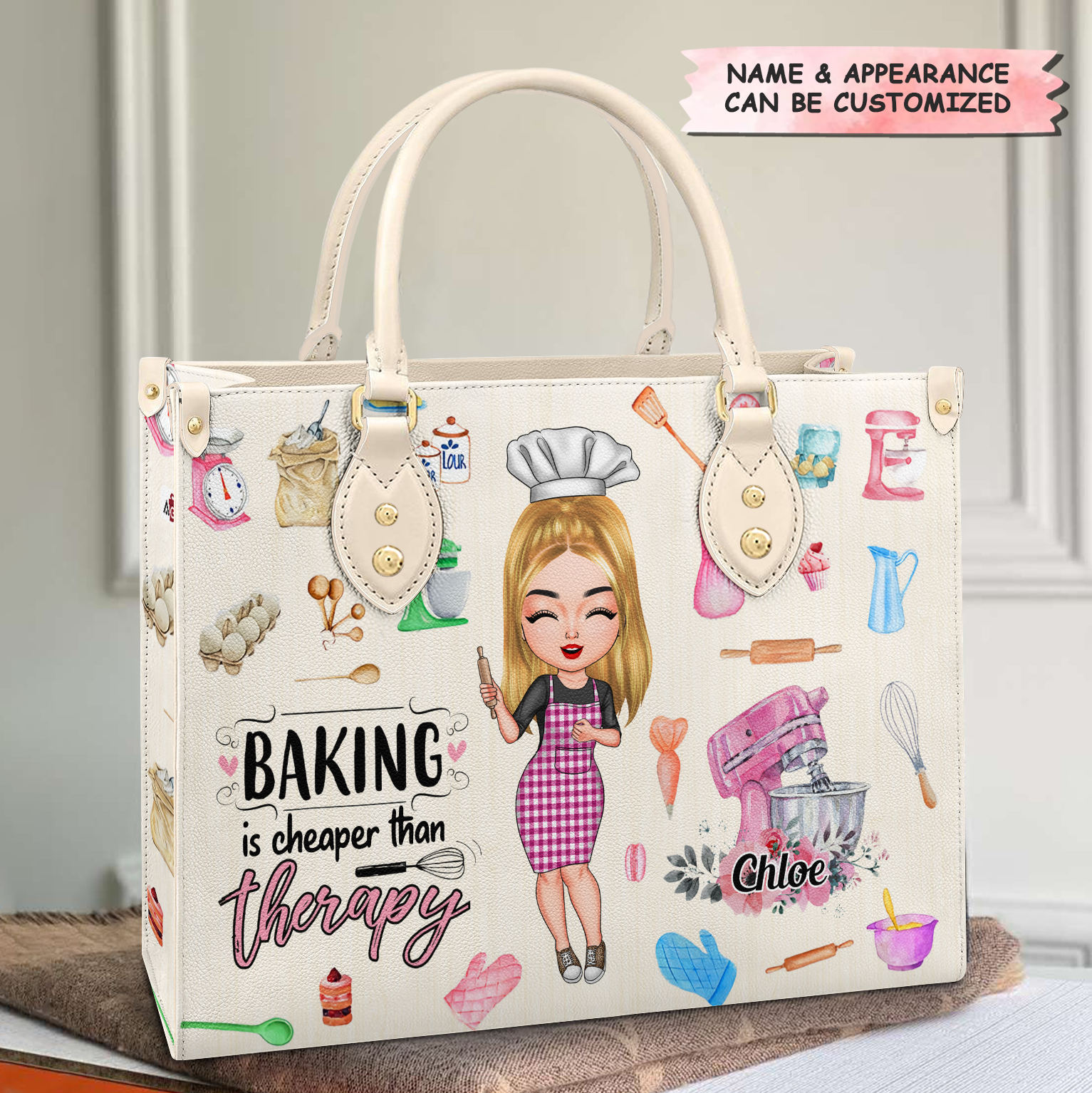 Personalized Leather Bag - Gift For Baking Lover - Baking Is Cheaper Than Therapy