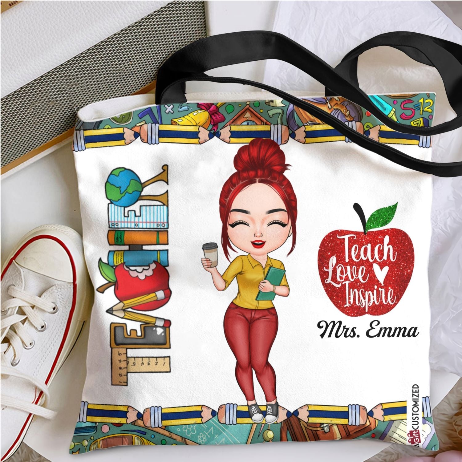 Personalized Tote Bag - Gift For Teachers - Teach Love Inspire Apple